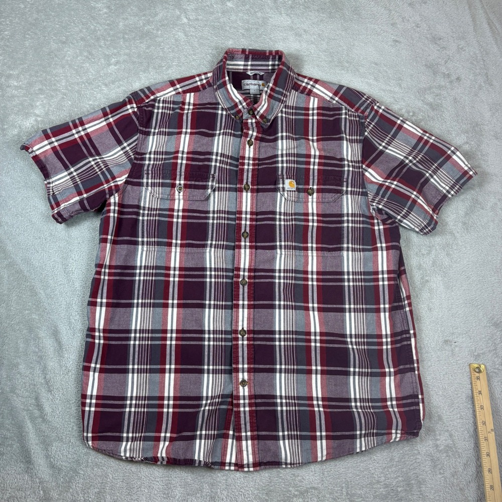 Carhartt Shirts Mens L Relaxed Fit Plaid Button Down Burgundy Workwear
